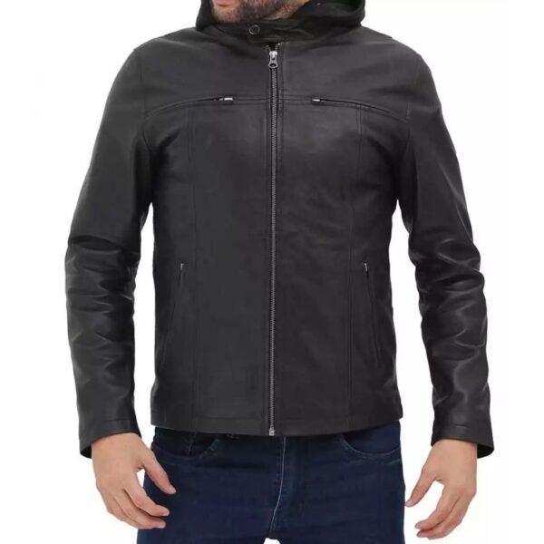 Men's Cafe Racer Black Leather Jacket with Removable Hood