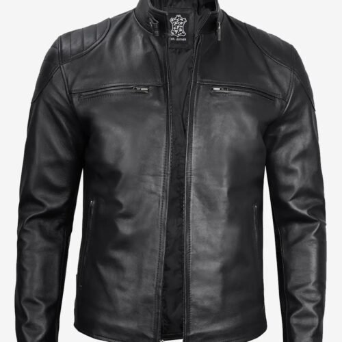 Mens Black Lambskin Leather Cafe Racer Jacket