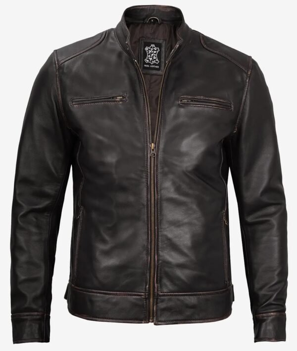 Mens Real Leather Vintage Brown Cafe Racer Jacket