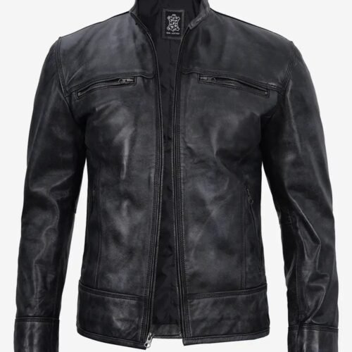 Mens Top Notch Leather Dark Gray Moto Jacket