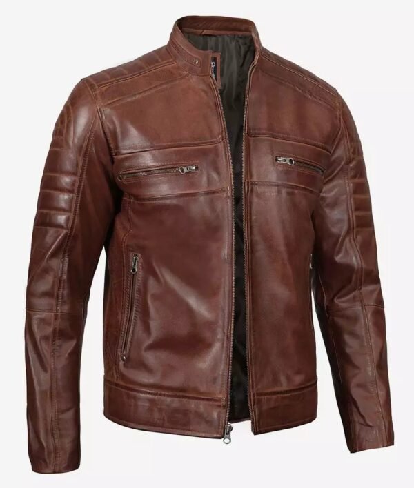 Mens Cafe Racer Cognac Leather Biker Jacket