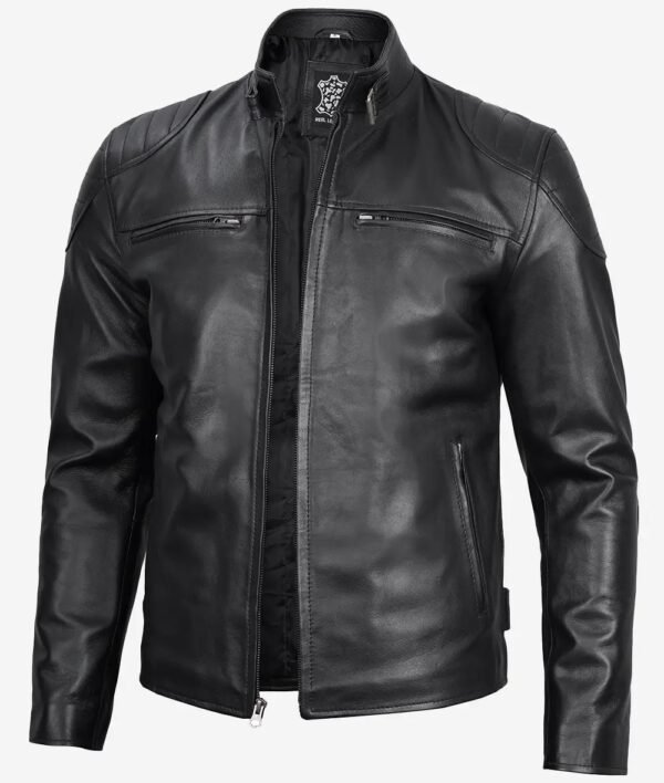 Mens Tall Camel Brown Quilted Leather Biker Jacket