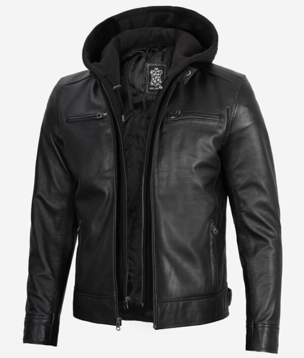 Dodge Mens Black Cafe Racer Leather Jacket with Removable Hood