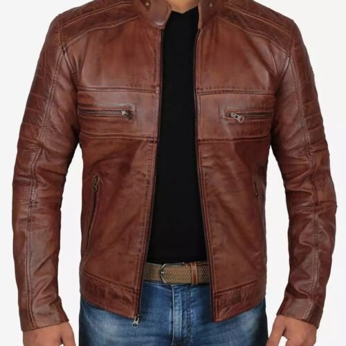 Mens Tall Perforated Cognac Waxed Cafe Racer Leather Jacket