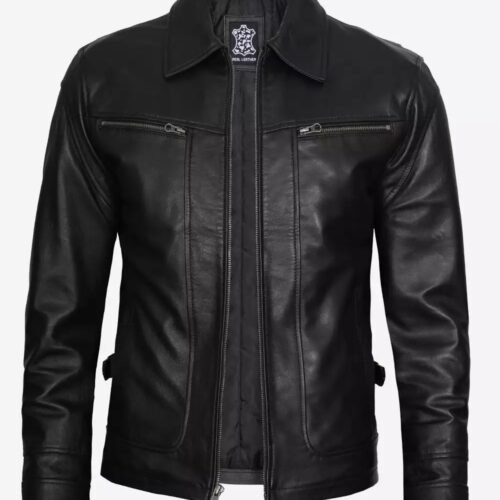 Scott Mens Black Shirt Collar Biker Leather Jacket