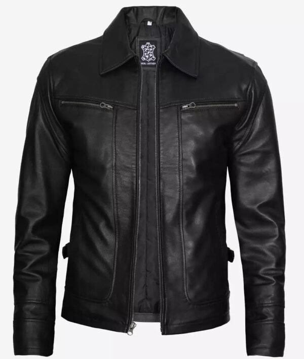 Scott Mens Black Shirt Collar Biker Leather Jacket