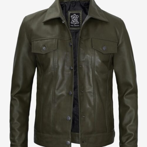 Mens Four Pockets Military Green Leather Trucker Jacket