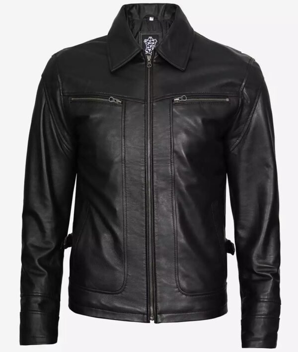 Scott Mens Black Shirt Collar Biker Leather Jacket