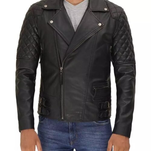 Asymmetrical Mens Black Quilted Leather Motorcycle Jacket