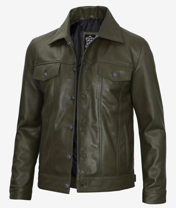 Mens Four Pockets Military Green Leather Trucker Jacket