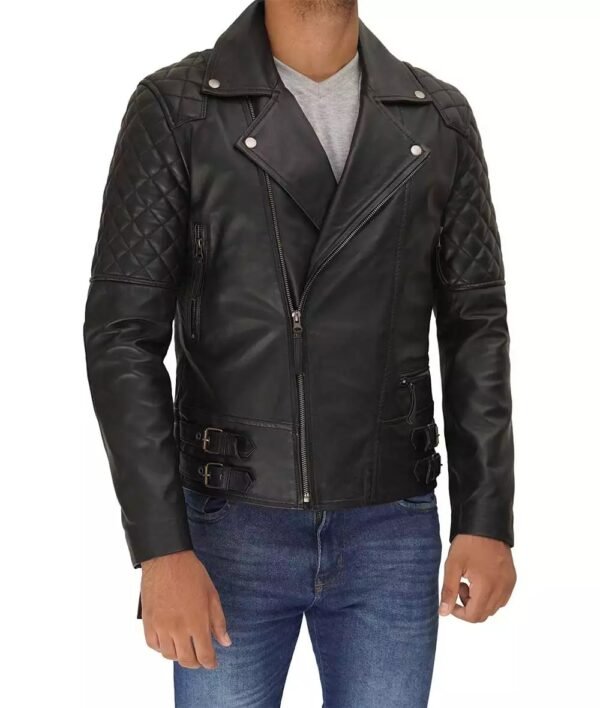 Asymmetrical Mens Black Quilted Leather Motorcycle Jacket