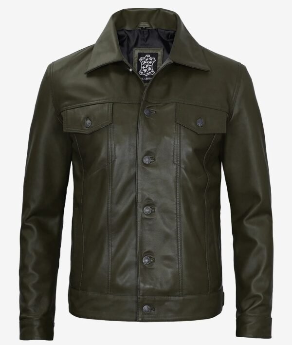 Mens Four Pockets Military Green Leather Trucker Jacket