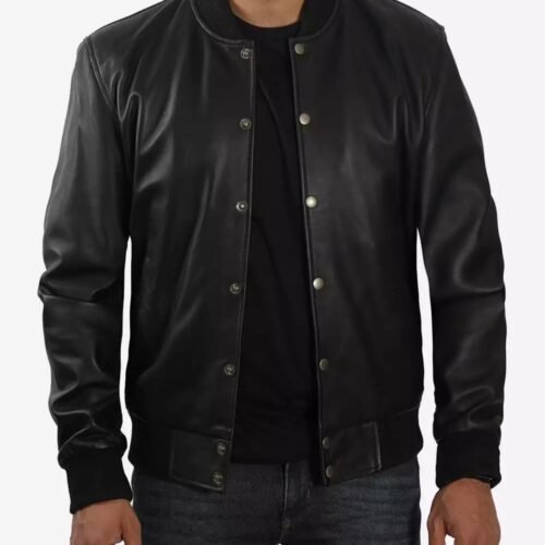 Mens Letterman Black Leather Bomber Jacket