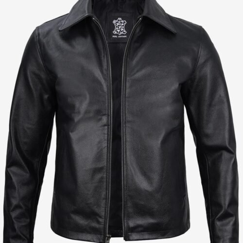 Mens Black Shirt Collar Cowhide Leather Jacket