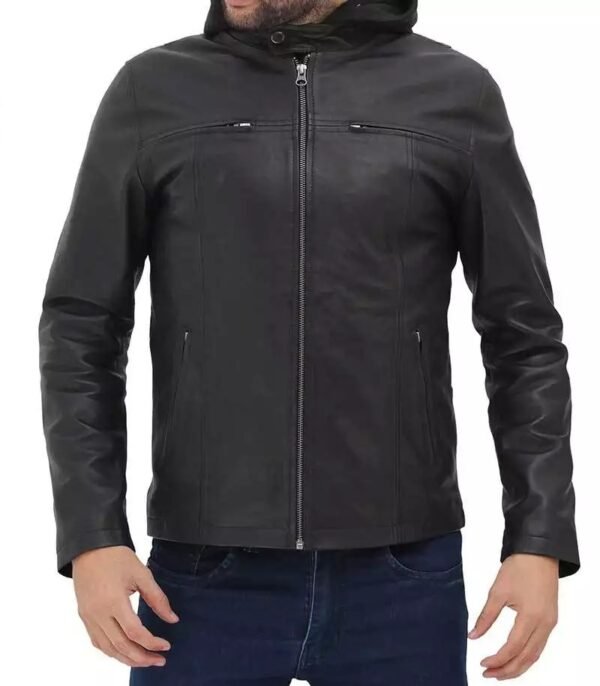 Mens Cafe Racer Black Leather Jacket with Removable Hood