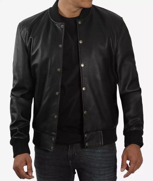 Mens Letterman Black Leather Bomber Jacket