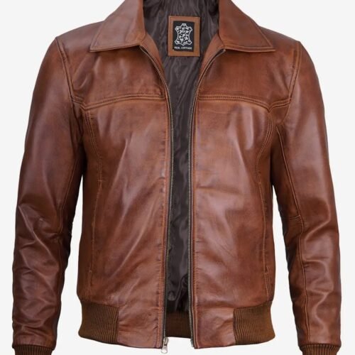 Mens Brown Shirt Collar Leather Bomber Jacket