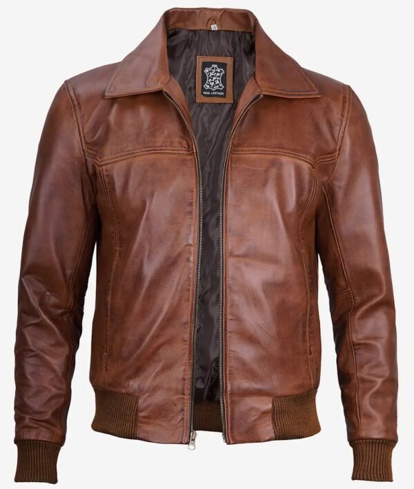 Mens Brown Shirt Collar Leather Bomber Jacket