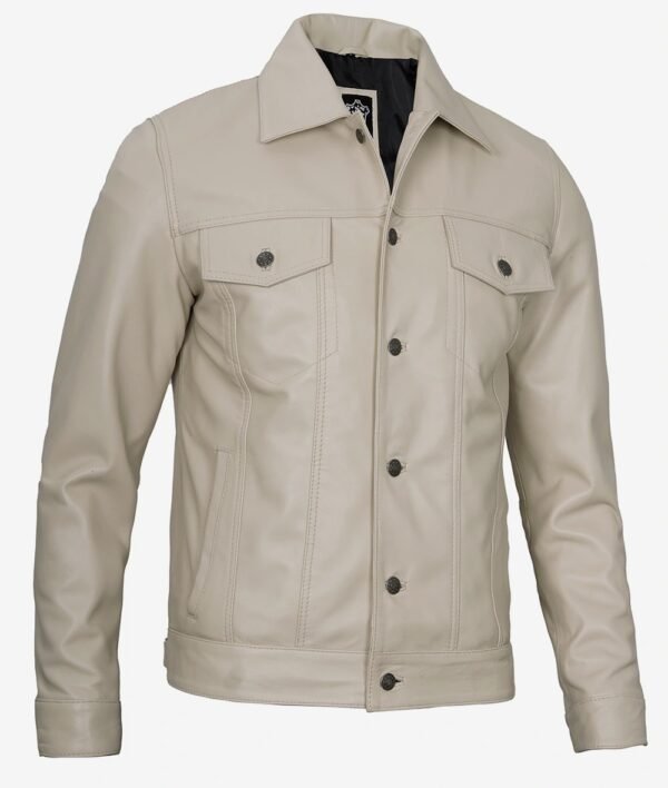 Mens Four Pockets Beige Leather Trucker Jacket