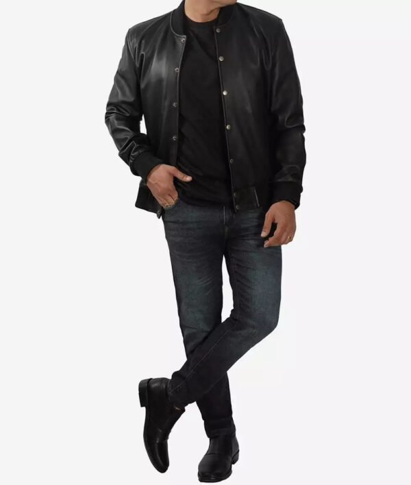 Mens Letterman Black Leather Bomber Jacket