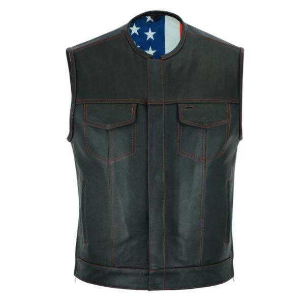 Mens Leather Vest with Red Stitching and Usa Inside Flag Lining