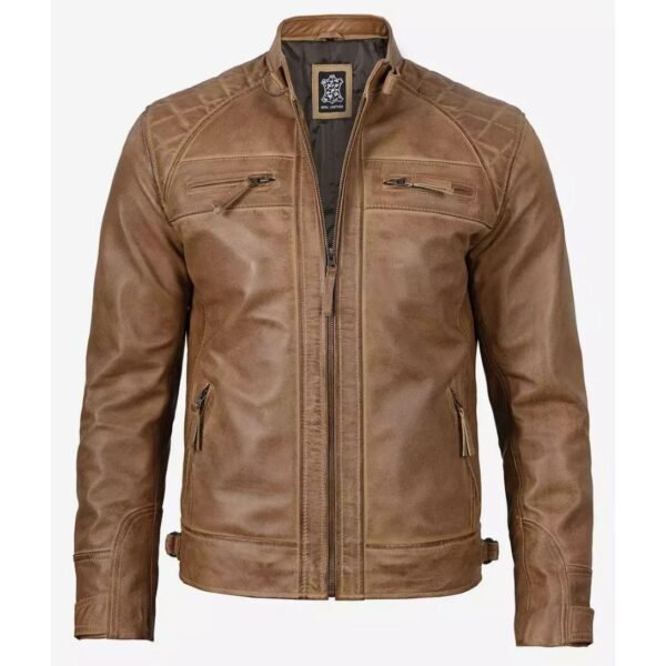 Mens Quilted Shoulder Camel Brown Cafe Racer Leather Jacket