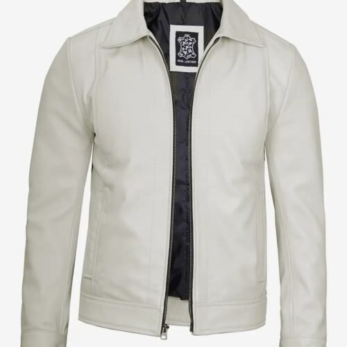 Mens Shirt Collar Off White Leather Jacket