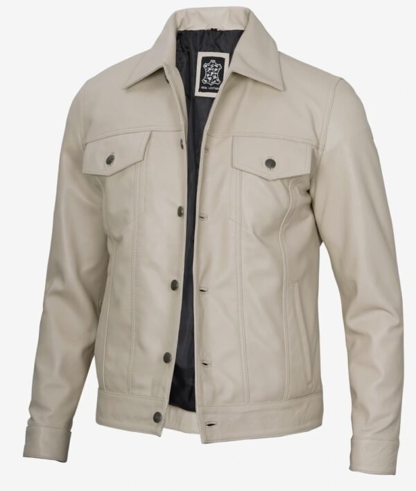 Mens Four Pockets Beige Leather Trucker Jacket