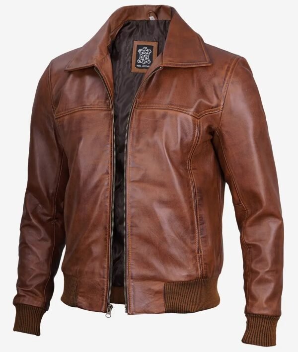 Mens Brown Shirt Collar Leather Bomber Jacket