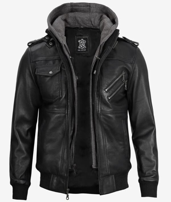 Mens Black Leather Jacket with Removable Hood