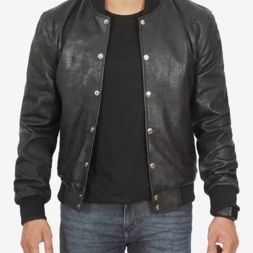 Portwood Black Snuff Leather Bomber Jacket Men