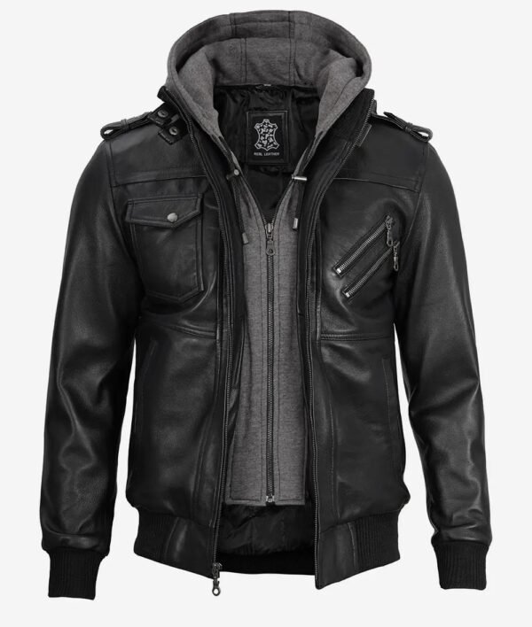 Mens Black Leather Jacket with Removable Hood