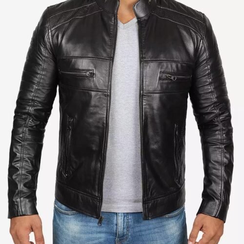 Mens Tall Cafe Racer Black Leather Jacket