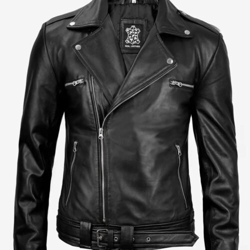 Mens Black Asymmetrical Belted Moto Leather Jacket