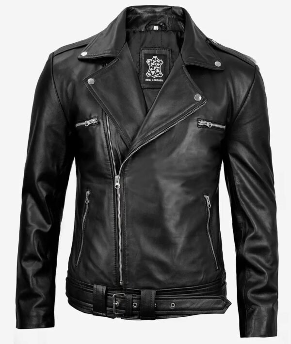 Mens Black Asymmetrical Belted Moto Leather Jacket