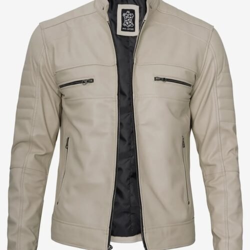 Mens Beige Cafe Racer Leather Jacket