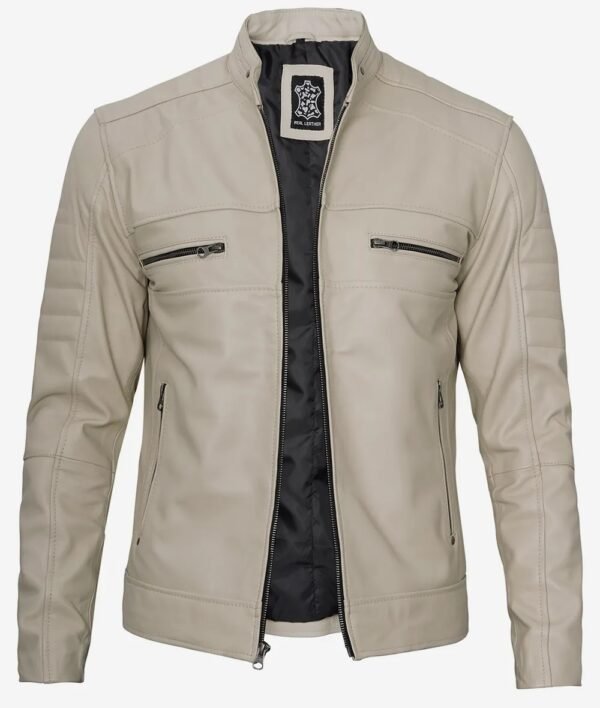 Mens Beige Cafe Racer Leather Jacket