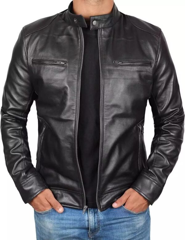 Mens Black Lambskin Leather Cafe Racer Jacket