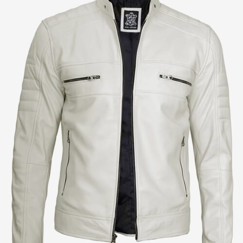 Mens Off White Cafe Racer Leather Jacket