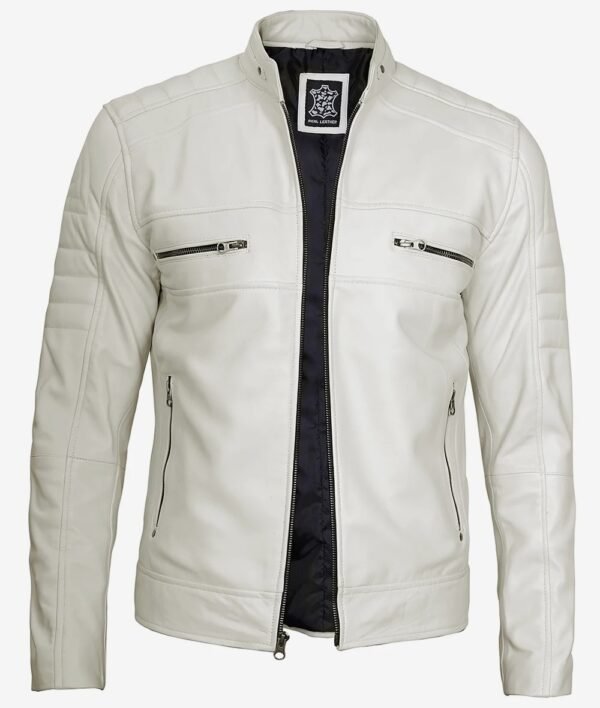 Mens Off White Cafe Racer Leather Jacket