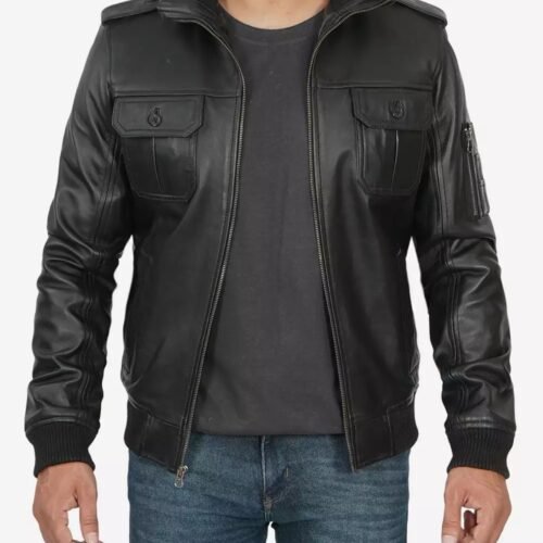 Mens Black Vintage Leather Bomber Jacket