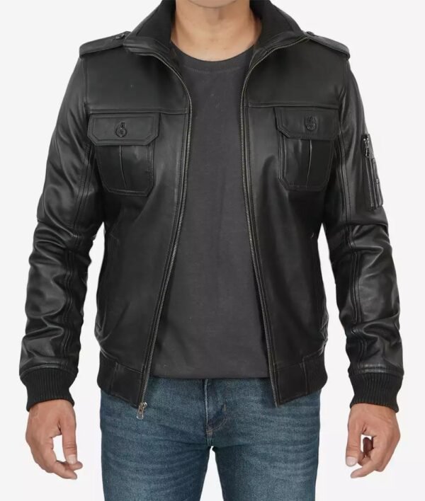 Mens Black Vintage Leather Bomber Jacket