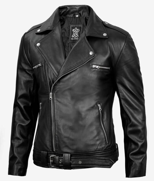 Mens Black Asymmetrical Belted Moto Leather Jacket