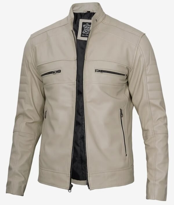 Mens Beige Cafe Racer Leather Jacket