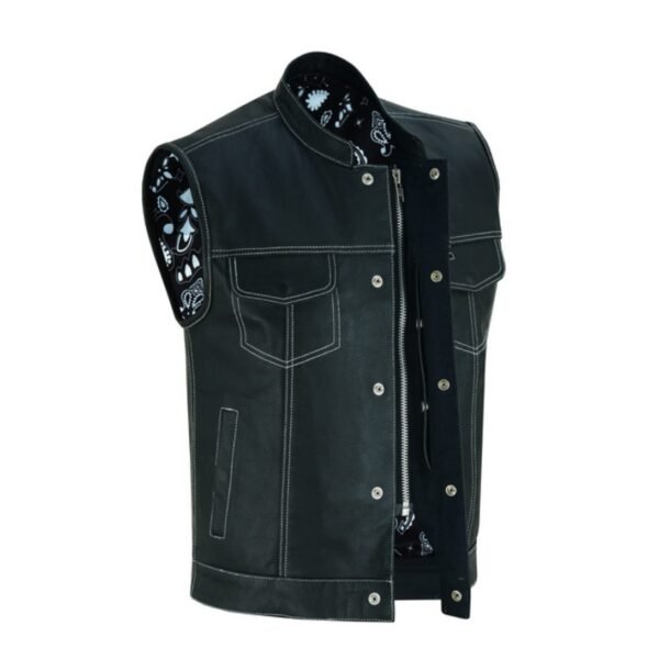 Men’s Paisley Black Leather Motorcycle Vest with White Stitching