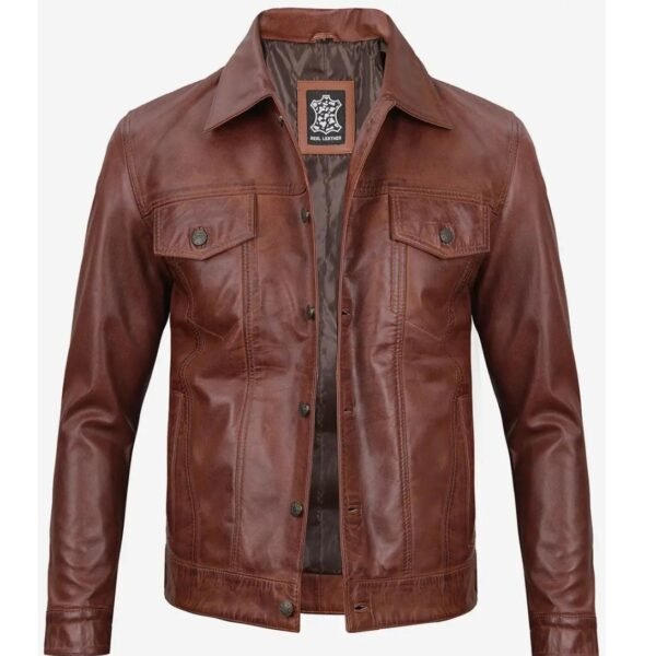 Fernando Brown Trucker Real Leather Jacket for Mens