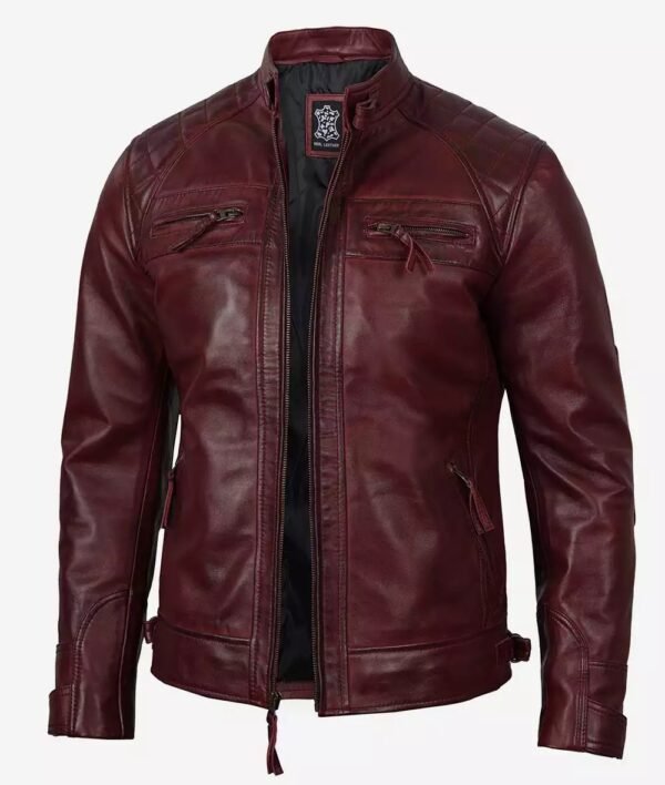 Mens Real Lambskin Leather Maroon Biker Jacket