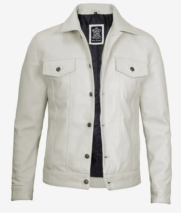 Mens Four Pockets Off White Leather Trucker Jacket