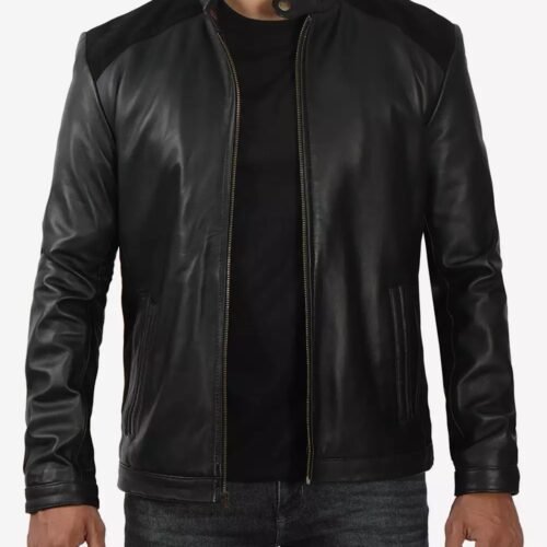 Edmund Black Leather Jacket With Suede Detailing