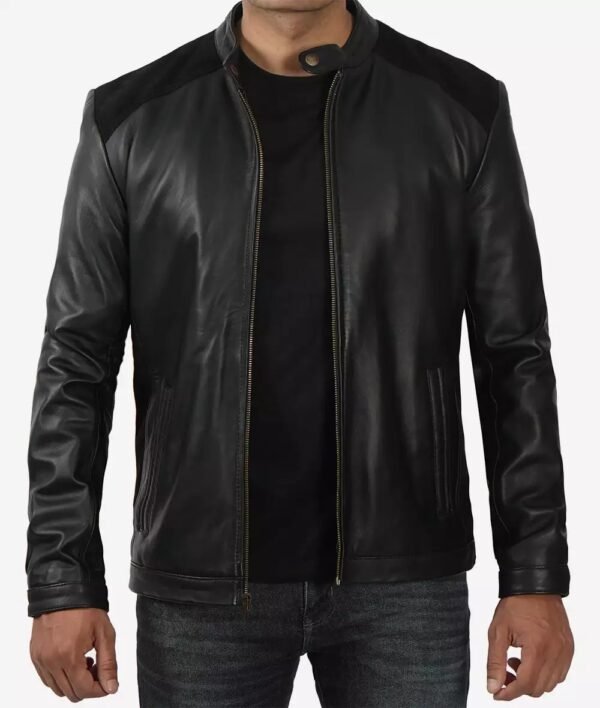 Edmund Black Leather Jacket With Suede Detailing